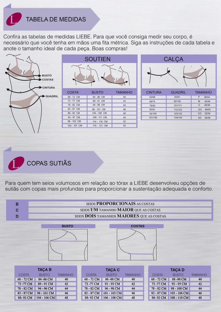 Tabela de medidas para descobrir o tamanho correto da lingerie!